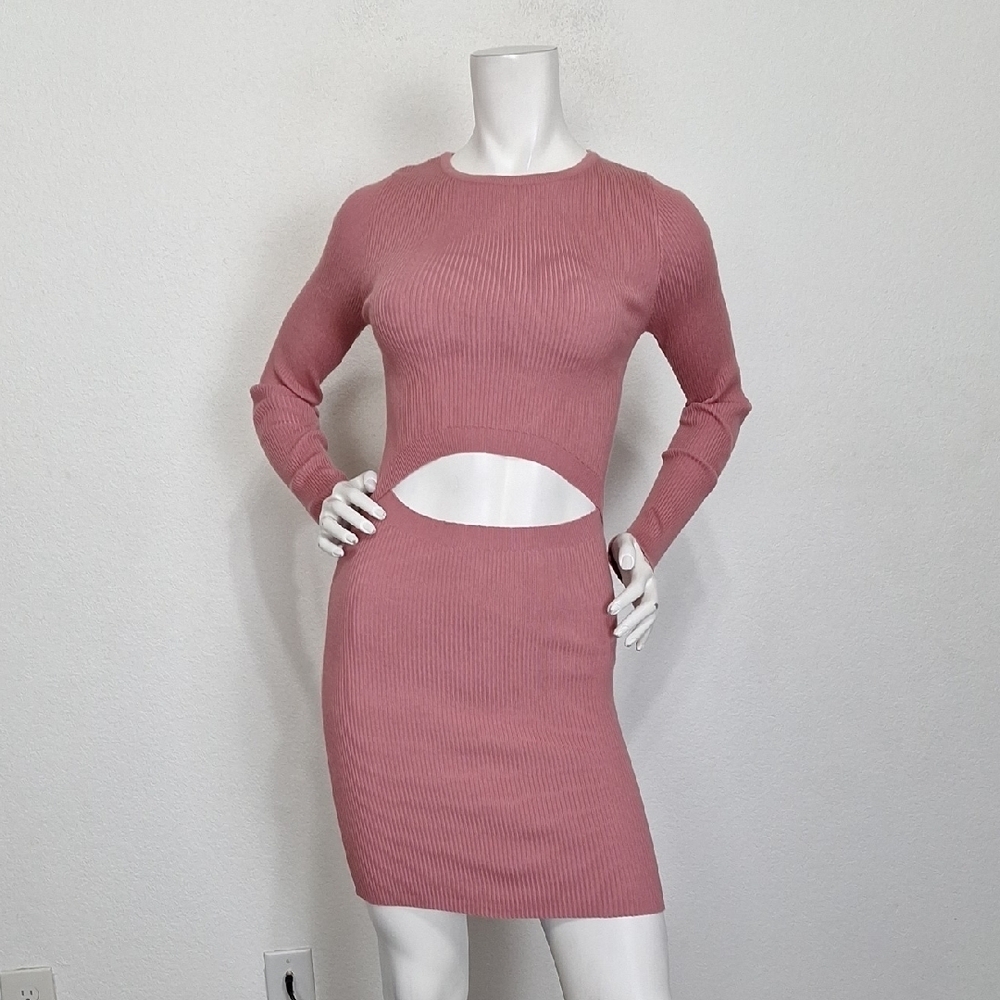 Rumor “NEW” Pink Coquette Indie Sleeze Ribbed Cutout Long Sleeve Dress Size L/XL